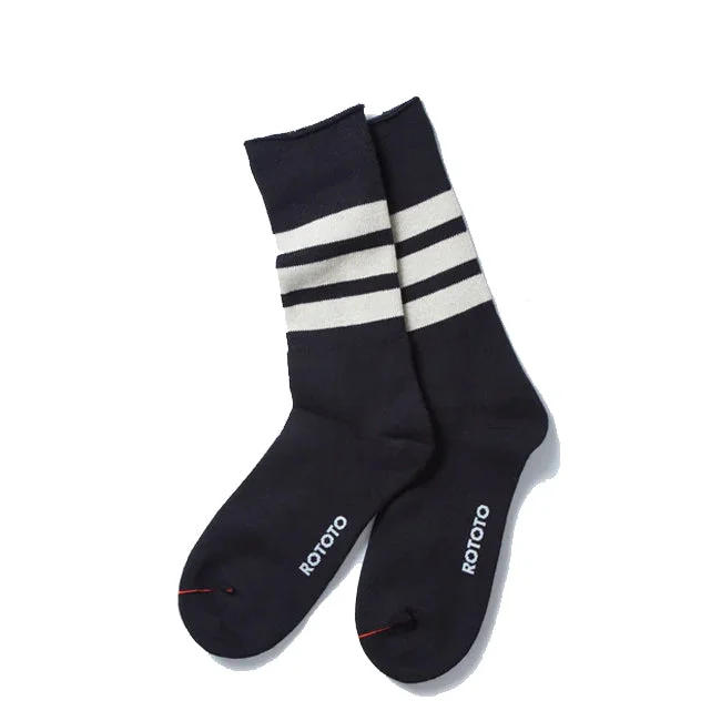 Today's Deal Rototo Fine Pile Striped Crew Socks Black / Raw Beige