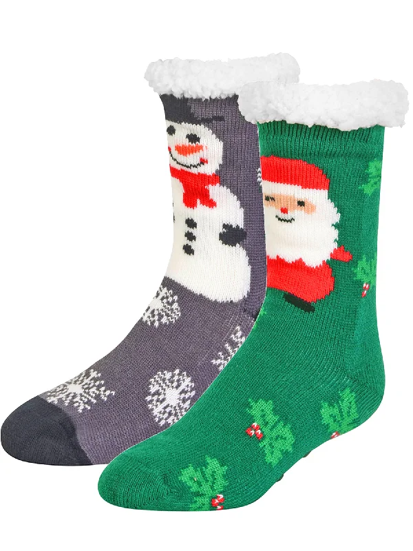 Now Available Snowman & Santa Claus Print Thermal 2-Pack Thick Non-Skid Slipper Socks