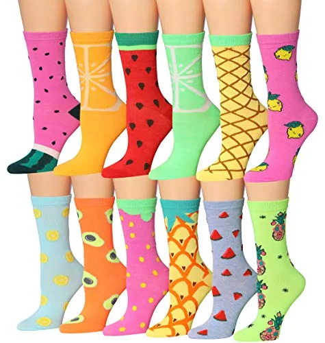 Act Now Tipi Toe Women's 12 Pairs Colorful Patterned Crew Socks WC96-AB