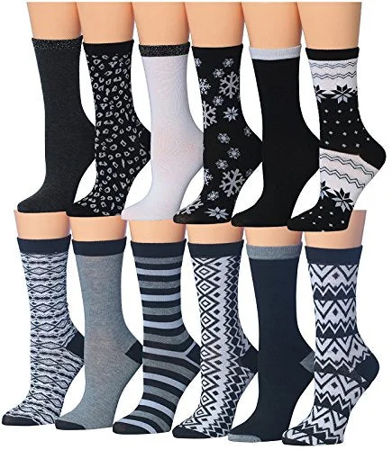 Bargain Alert Tipi Toe Women's 12-Pairs Monochrome Patterned Womens Crew Socks, (sock size 9-11) Fits shoe size 5-9, WC16-AB