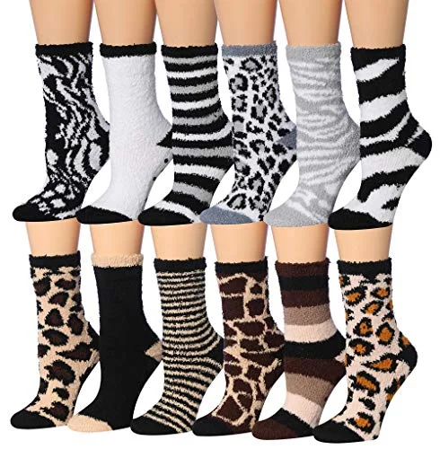 Tipi Toe Women's 12-Pairs Snowflake Winter Prints Anti-Skid Fuzzy Winter Crew Socks FZ26-27