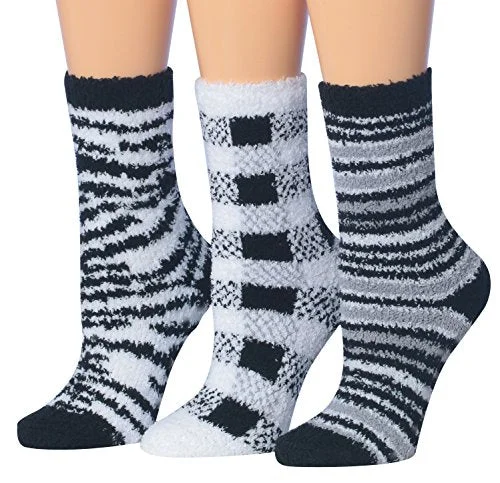 Weekend Discounts to Grab Tipi Toe Women's 3-Pairs Black And White Monochrome Anti-Slip Soft Fuzzy Winter Crew Home Socks, (sock size 9-11) Fits shoe size 6-9, FZ16-A