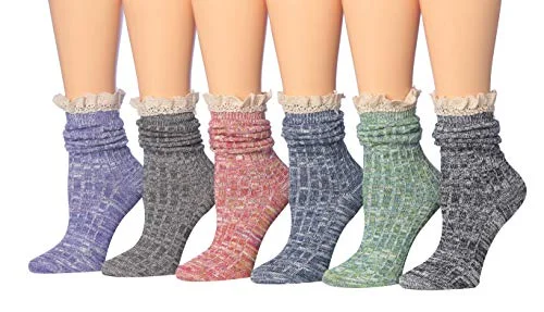 Weekend Specials to Delight Tipi Toe Women's 6-Pack Cotton Blend Ragg Space Dye Lace Crew Winter Boot Socks Hiking Socks, Size 9-11, BT25-6