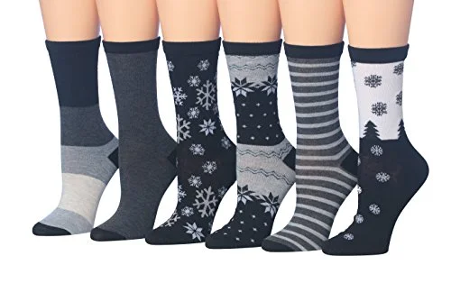 Weekend Deals That Sizzle Tipi Toe Women's Ladies 6-Pairs Comfort Blend Snowflakes Winter Vibes Snow Fashion Crew Novelty Socks, (sock size 9-11) Fits shoe size 5-9, WC41-A-N1