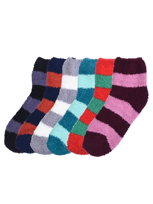 Pay Less Two-Tone Multicolor Striped 6 Pack Winter Fuzzy Womens Slipper Socks