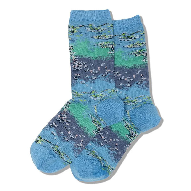 "Water Lilies" Cotton Dress Crew Socks by Hot Sox - Medium