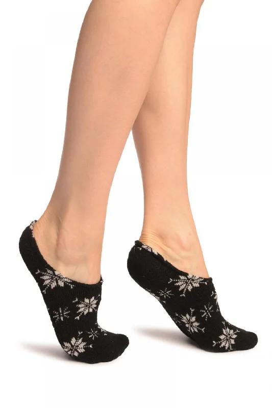 Your Weekend, Your Savings White Snowflakes On Black Angora Footies Socks