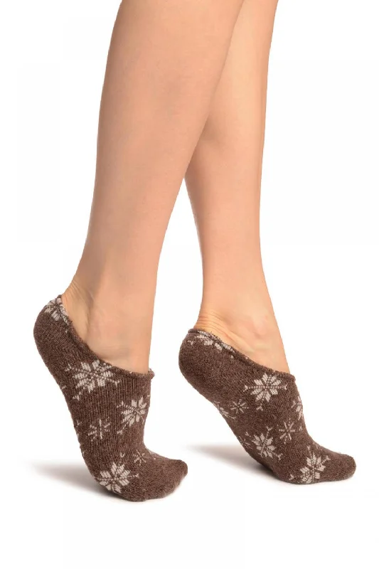 Weekend Shopping Made Better White Snowflakes On Brown Angora Footies Socks