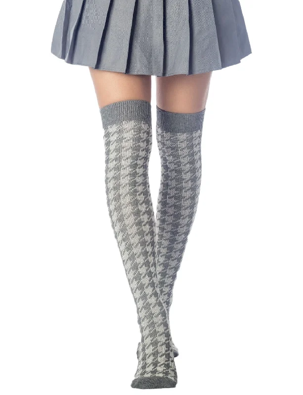Flash Deal iB-iP Women's Houndstooth Pattern Stylish Solid Color Hold-up Thigh High Long Socks