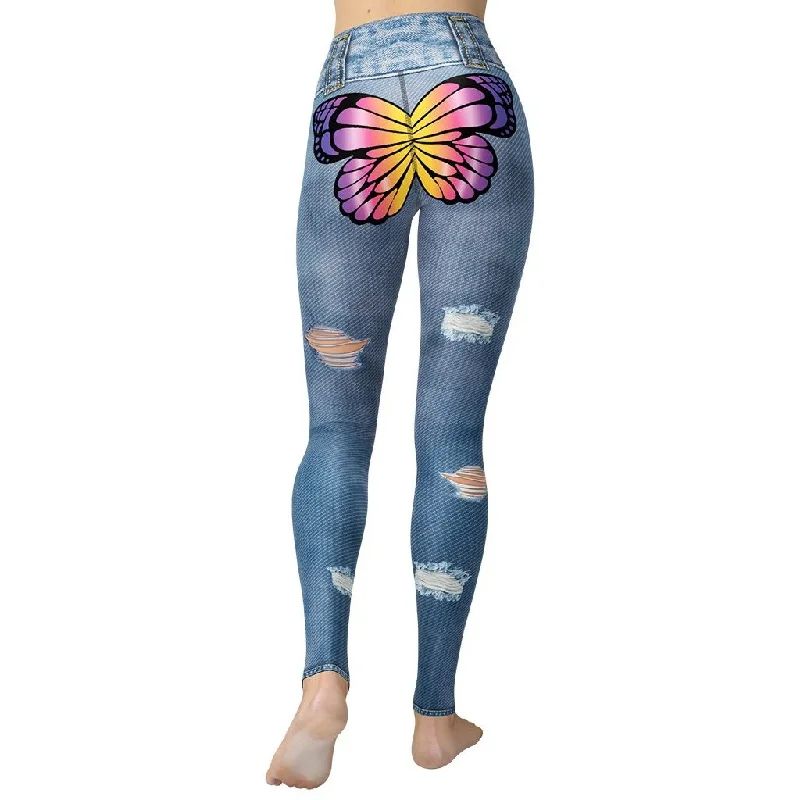Weekend Bargains to Cherish Butterfly Denim Print Yoga Leggings