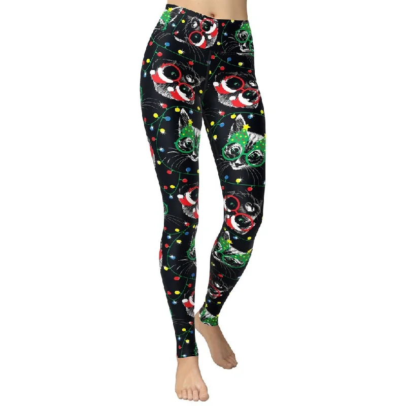 Act Now Christmas Lights & Cats Yoga Leggings