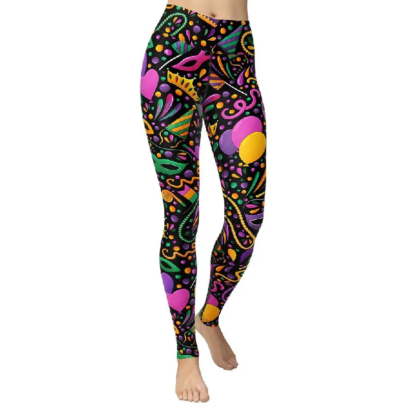 Weekend Savings Fiesta Mardi Gras Masks & Beads Party Yoga Leggings