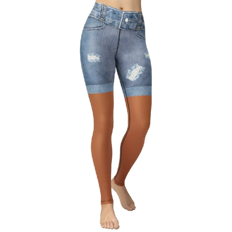 Super Sale Medium Brown Denim Shorts Print Yoga Leggings