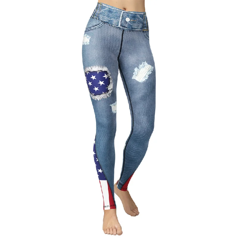 Lowest Rates Patriotic Denim Print Yoga Leggings