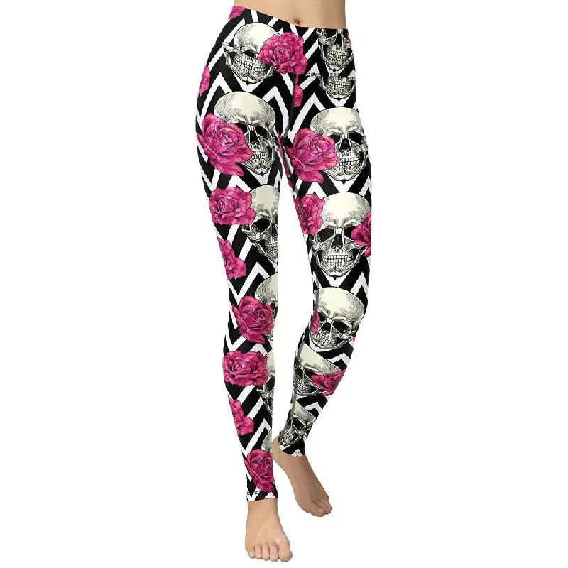 Low Price Pink Roses and Skulls Yoga Leggings