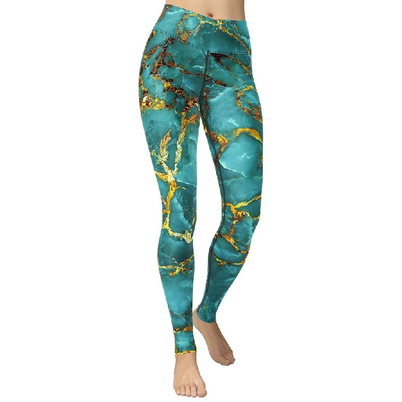Hurry In Turquoise & Gold Marble Yoga Leggings